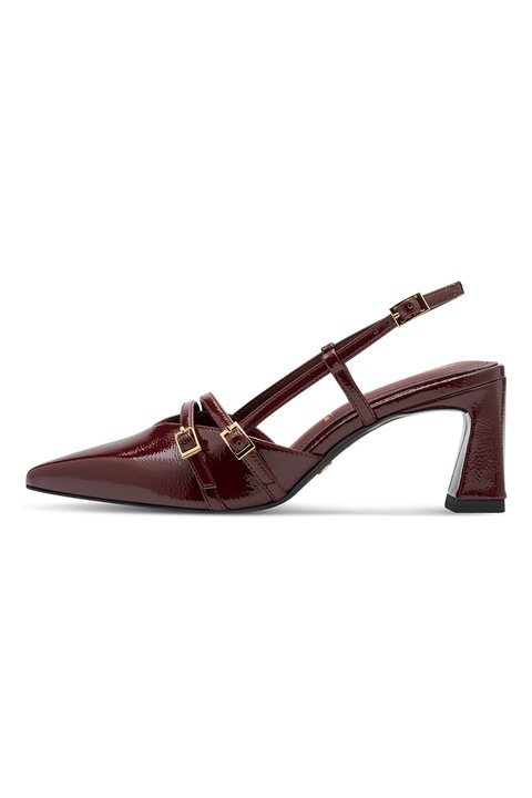 Tamaris, Pantofi din piele ecologica cu toc si catarama, Rosu inchis