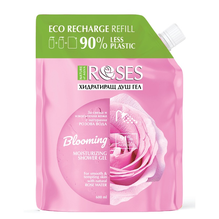 Рефил хидратиращ душ гел Nature of Agiva Roses, Blooming, Роза, 600 мл