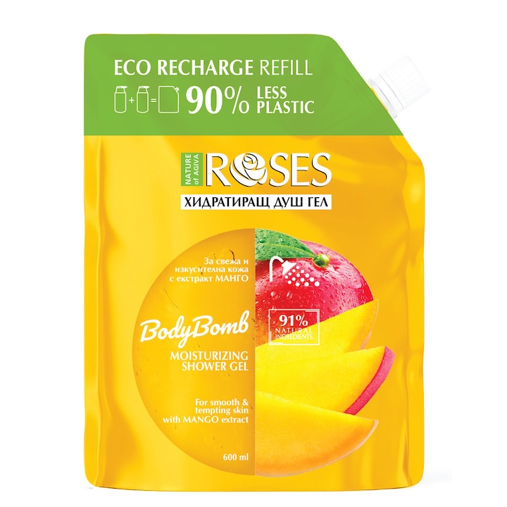 Рефил хидратиращ душ гел Nature of Agiva Roses, Body bomb, Манго, 600 мл