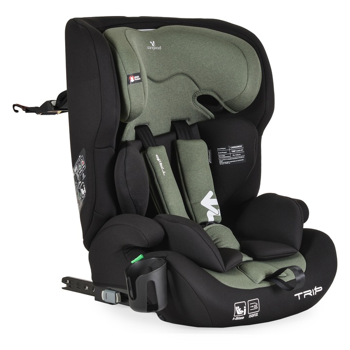 Scaun auto Isofix Cangaroo Trip, omologat iSize R129/03 I-3, 76-150 cm sau 9-36 kg, Top Tether, Hunter Green