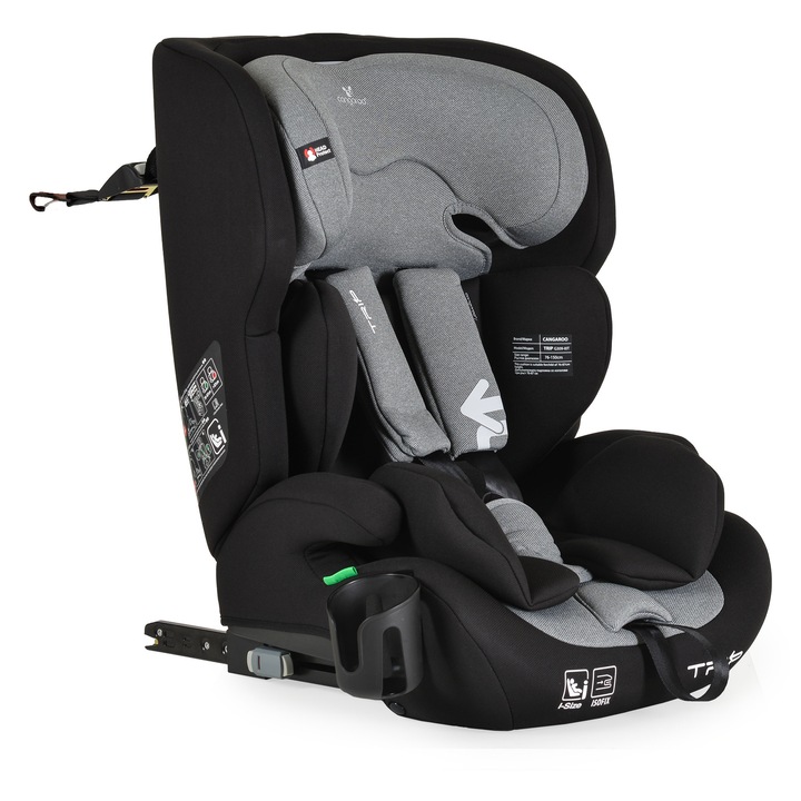 Scaun auto Isofix Cangaroo Trip, omologat iSize R129/03 I-3, 76-150 cm sau 9-36 kg, Top Tether, Intense Gray