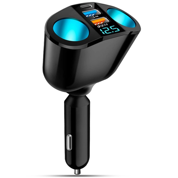 Distribuitor bricheta auto 12V, Ulisem, 5 in 1, 120W, USB QC3.0/PD, rotativ, negru