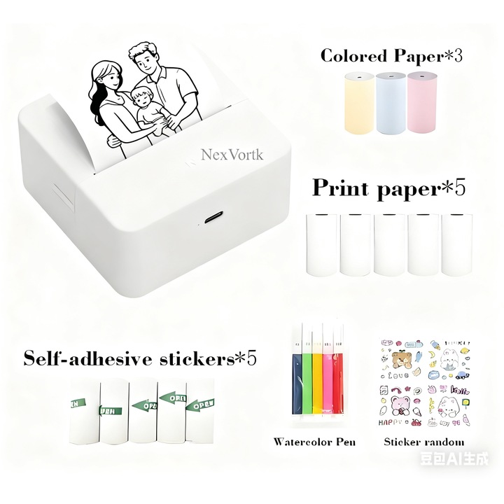 Mini imprimanta portabila NexVortk®, aplicatie pe telefon, compatibil IOS/Android, termica, fara toner, baterie integrata,5 role autoadezive + 5 role de hartie de imprimare+3 role de role colorate+pixuri colorate+autocolante de desene animate, alb