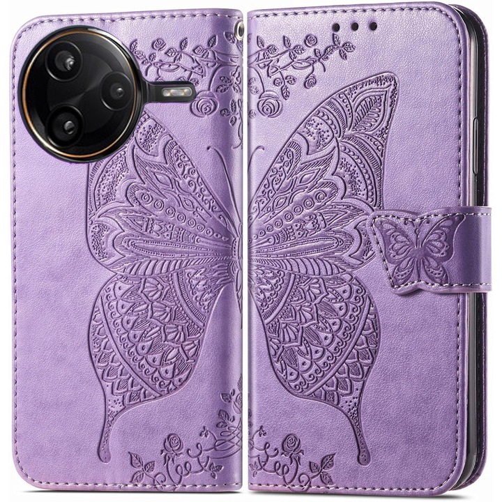 Etui cu clapa pentru Xiaomi Poco F7 Pro, Butterfly, violet, piele sintetica, functie stand