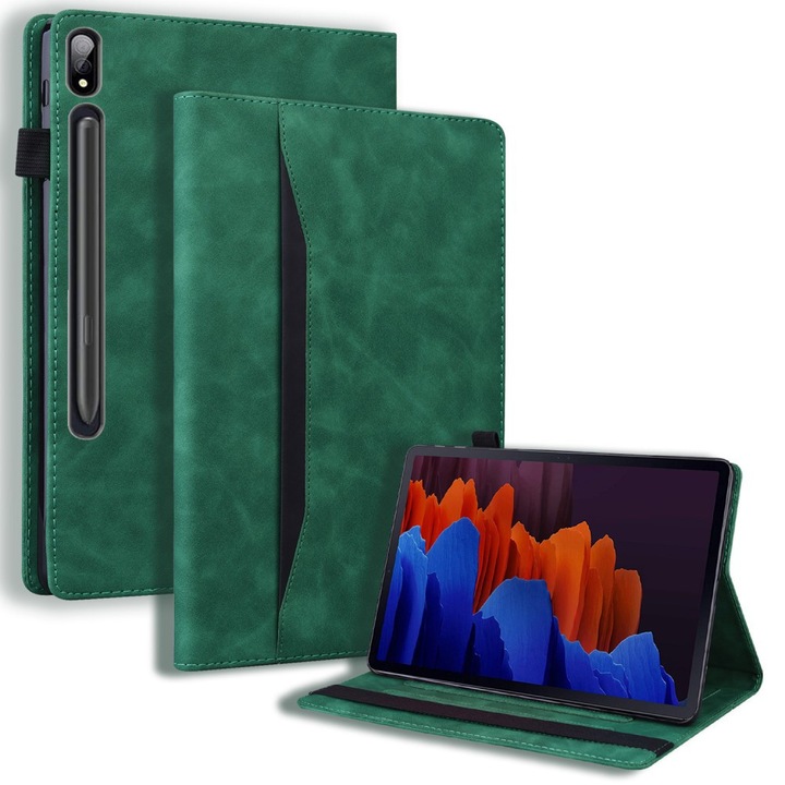 Husa tableta XGSM pentru Samsung Galaxy Tab S10 FE/S9 FE/S9/S8/S7, verde, cu suport si loc pentru rama de scris