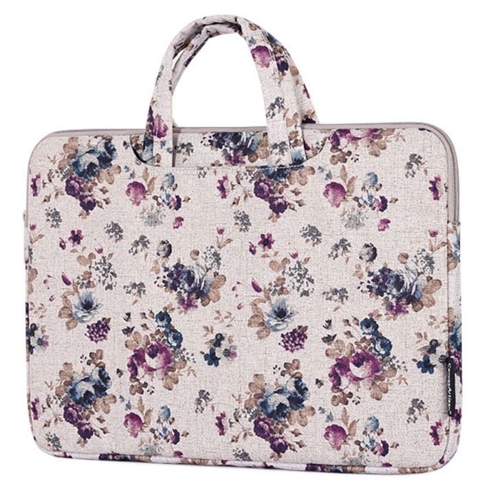 Etui laptop 13", XGSM, khaki cu model floral, material rezistent, interior moale