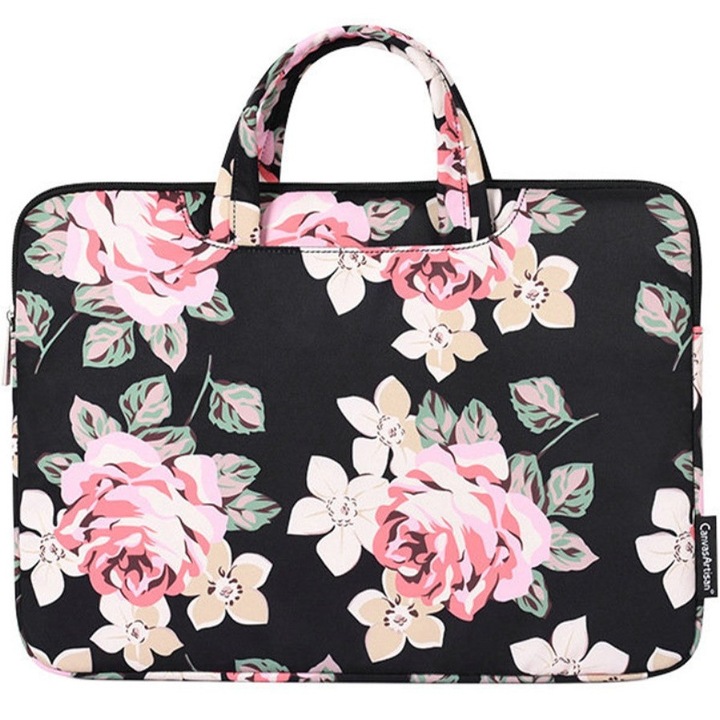 Geanta laptop 13", XGSM, neagra cu imprimeu roz, dimensiuni 35x25x2.4cm, design practic