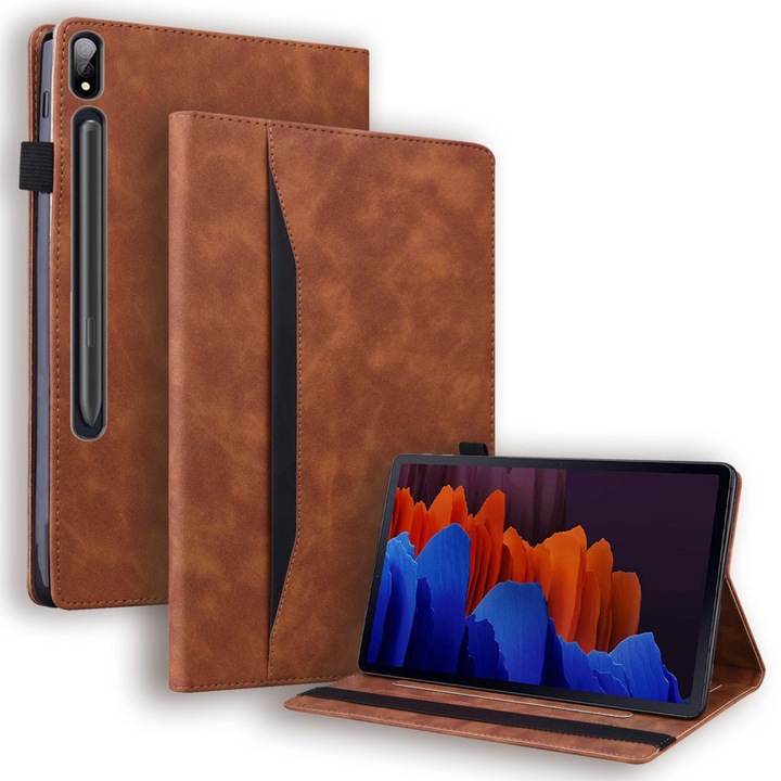Husa tableta XGSM pentru Samsung Galaxy Tab S10 FE/S9 FE/S9/S8/S7, eco-piele, suport, loc pentru rama, culoare brown
