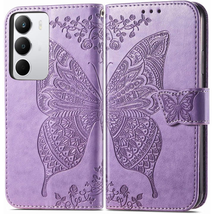 Husa telefon XGSM pentru Realme C71, Butterfly, violet, piele sintetica, functie stand