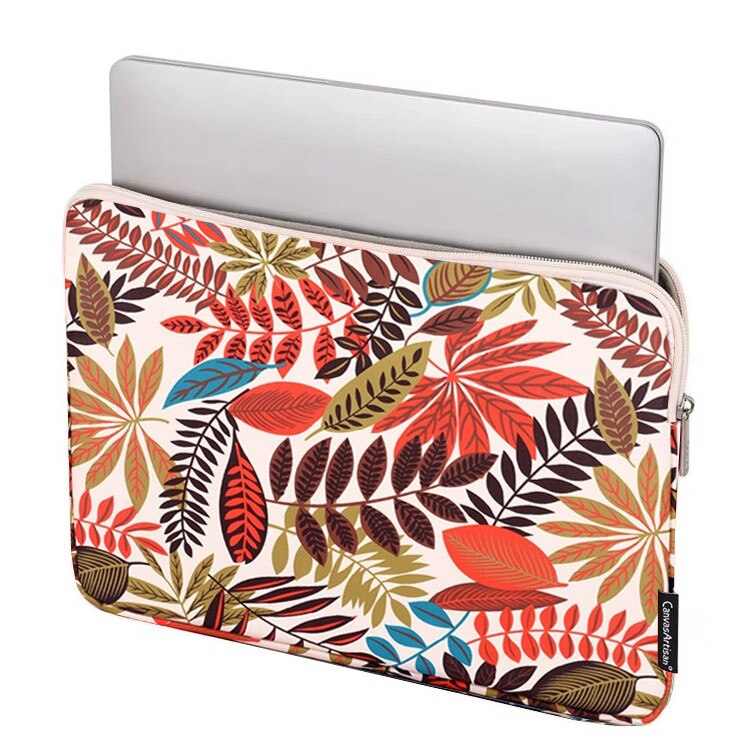 Etui laptop 13", XGSM, ultracompact, cu imprimeu frunze, bej, include saszeta