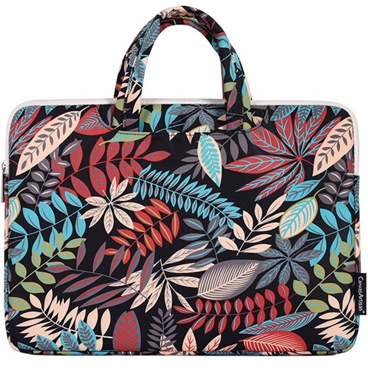 Geanta laptop 13", XGSM, neagra cu motiv de frunze mari, dimensiuni 355x251x24mm