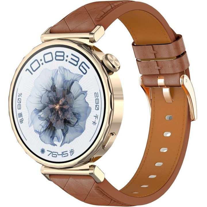 Curea din piele naturala pentru ceas, XGSM, 18mm, culoare maro, lungime ajustabila 160-210mm, catarama roz aurie