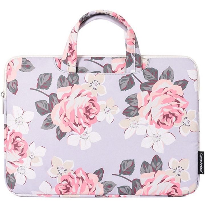 Geanta laptop 13", XGSM, gri cu imprimeu roz, dimensiuni 35x25x2.4cm, design practic