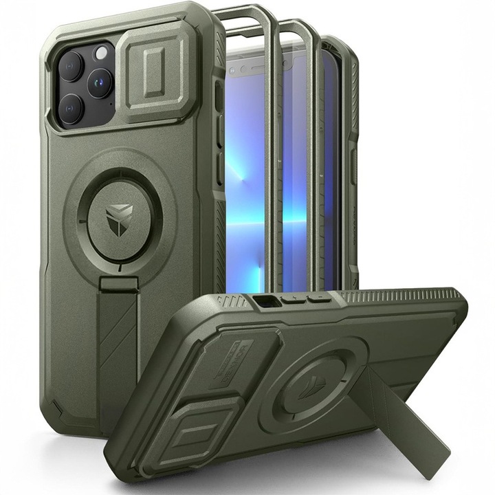 Etui pancerne cu MagSafe Dexnor CamProtect pentru iPhone 12 Pro Max / 13 Pro Max, verde, cu suport metalic, protectie camera