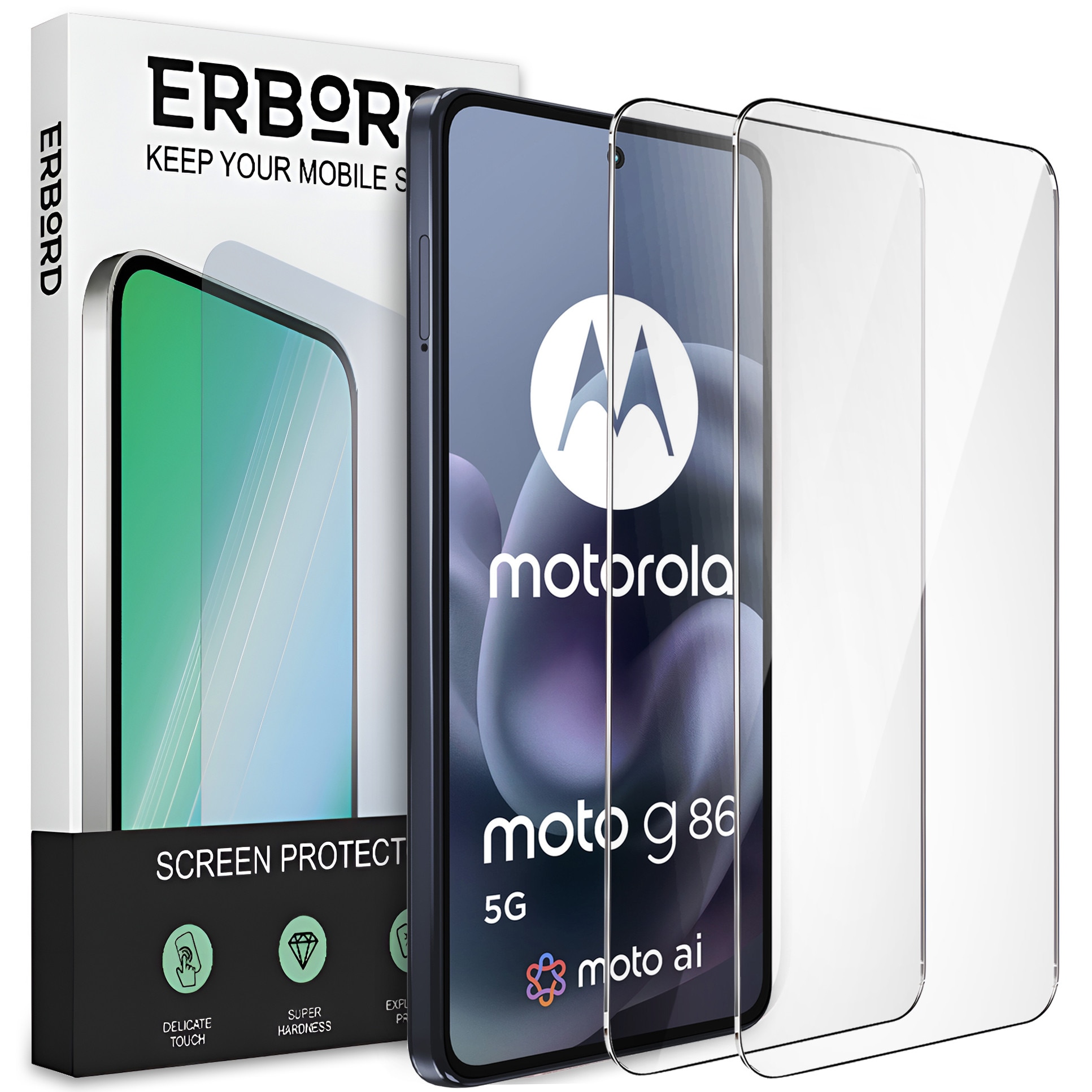 Set 2x Folii Protectie Ecran ERBORD 9H Hard Glass pentru Motorola Moto G86 5G, transparent, usor de montat