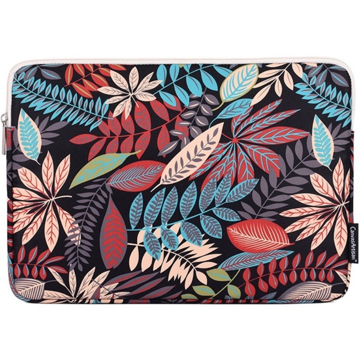 Husa pentru laptop de 13" cu imprimeu colorat cu frunze - Neagra