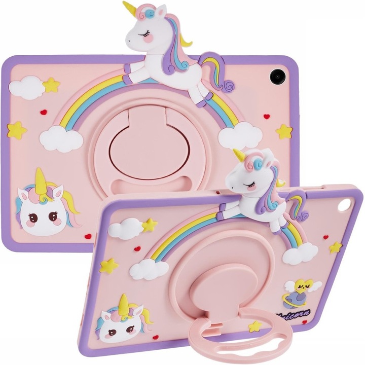 Etui siliconic cu suport pentru Samsung Galaxy Tab A9+, design cu ponei, roz, 11" XGSM