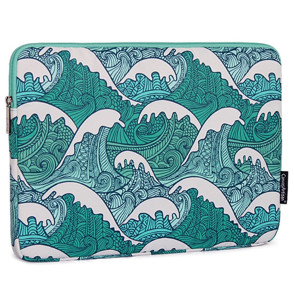 Etui laptop 13", XGSM, verde cu motiv de valuri, material rezistent, design slim