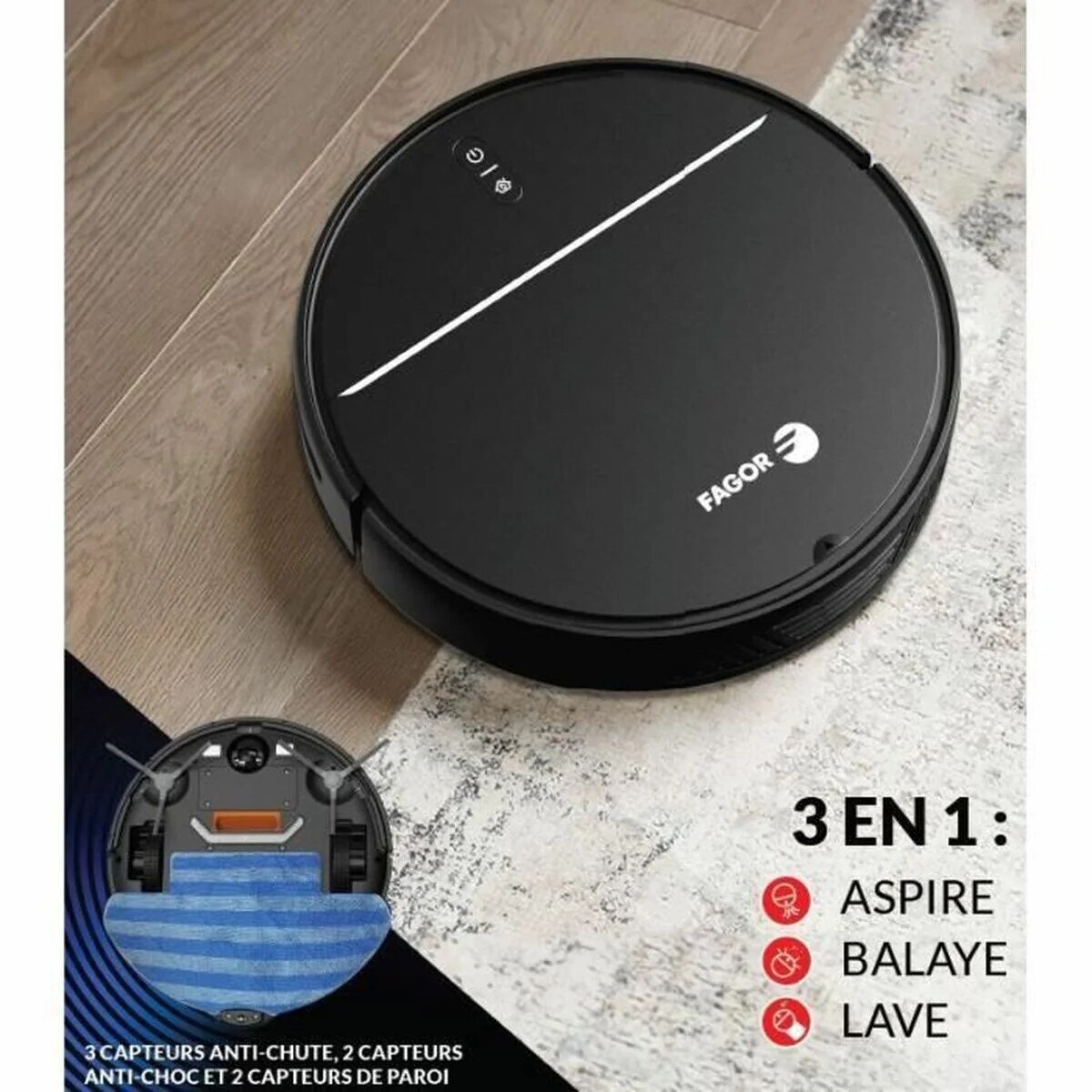 Aspirator robot Fagor FGR200, negru, capacitate 600 ml, conectivitate Wi-Fi