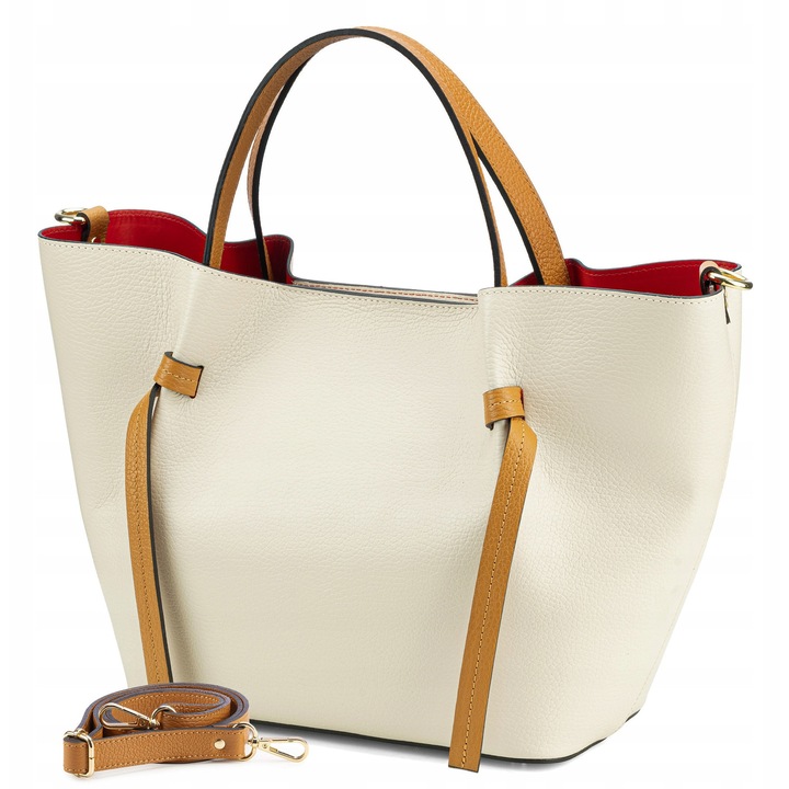 Vera Pelle bőr bevásárlótáska, bézs színű, méretei 25x42x13cm, arany részletekkel