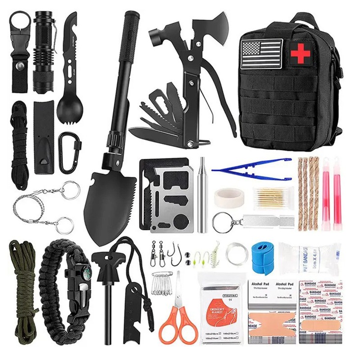 Kit de supravietuire si prim ajutor, SWJOYOL, 21 unelte multifunctionale, negru