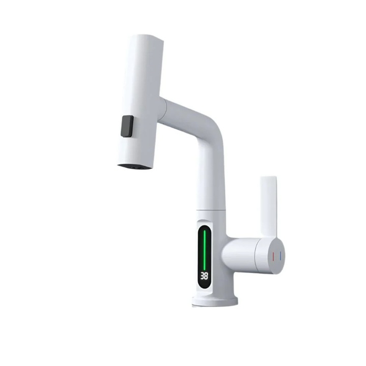 Mosdócsaptelep, digitális kijelzővel, kerámia szeleppel, ABS szórófejjel, FEHÉR