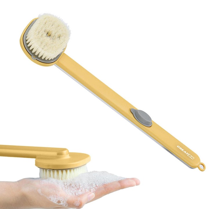 GREATON hosszú nyelű fürdőkefe, hátra és testre, hámlasztó és masszázshatással, ideális zuhanyozáshoz, szárítóhoroggal, 36 cm, sárga