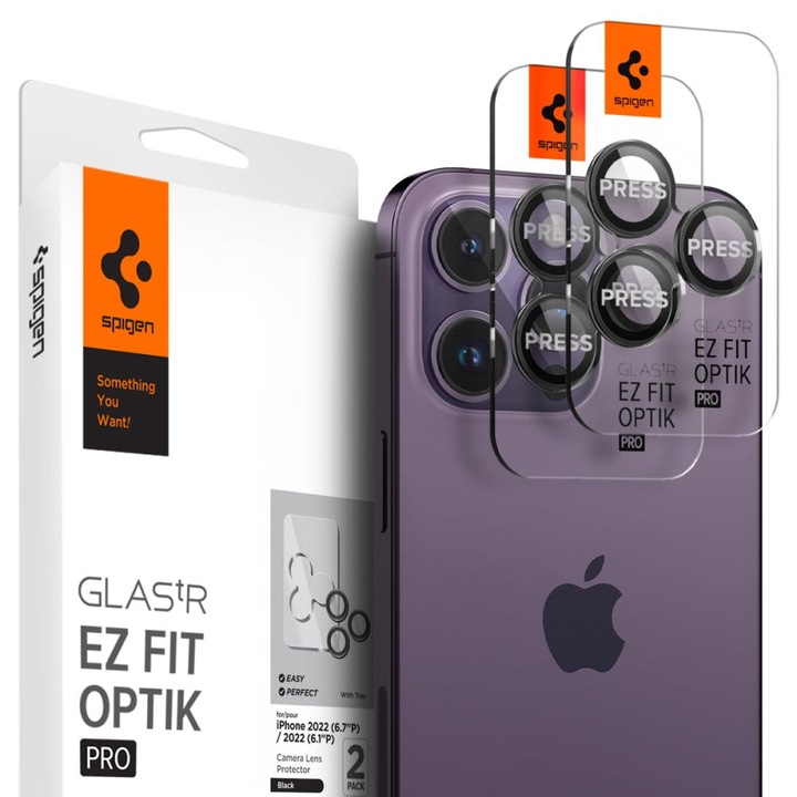 Kamerafilm iPhone 14 Pro / Pro Max / 15 Pro / Pro Max / 16 Pro / Pro Max készülékhez (2 db-os készlet) - Spigen Glas.tR Optik EZ Fit Pro - Fekete