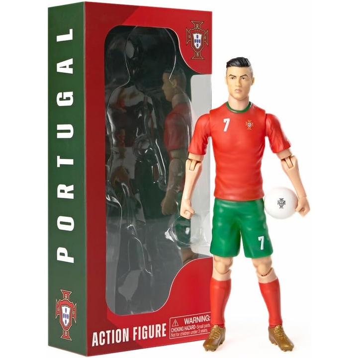 Figurina Cristiano Ronaldo, echipament nationala Portugaliei, 20 cm, articulata cu minge inclusa, numar 7