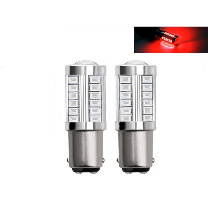 Set 2 Becuri LED Auto P21W, 1157/BA15D, Rosu, 33SMD, Chip 5730