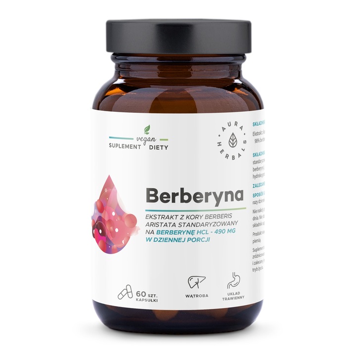 Хранителна добавка Berberyna 490 mg, AURA HERBALS, 60 капсули, екстракт от Berberis aristata, натурален, за регулиране на глюкозата и намаляване на холестерола