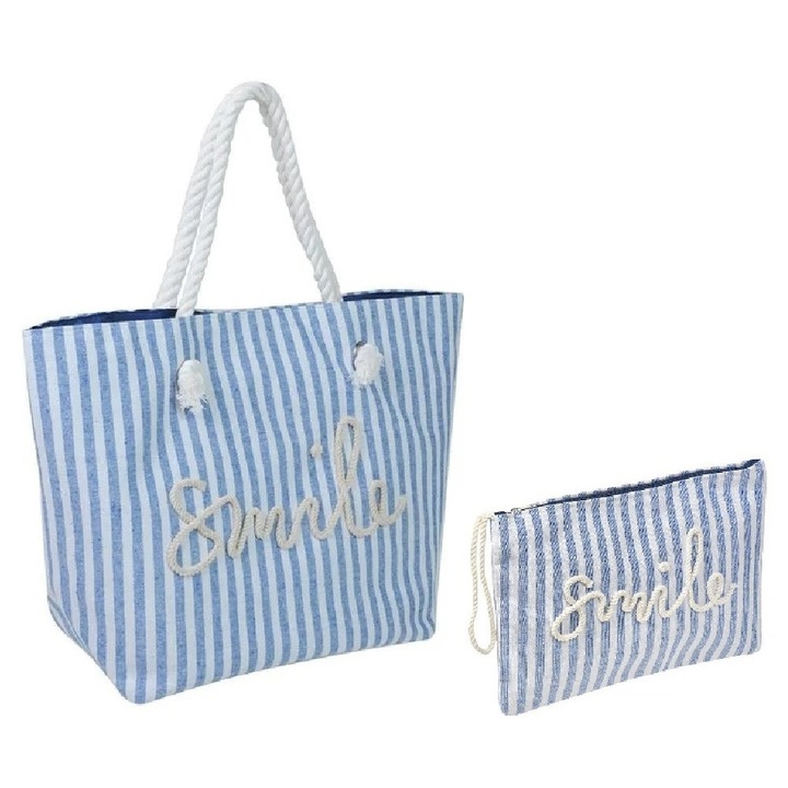 Set geanta de plaja 57x34x42cm si portofel 29x18cm Alba cu Dungi Ciel Smile din stofa