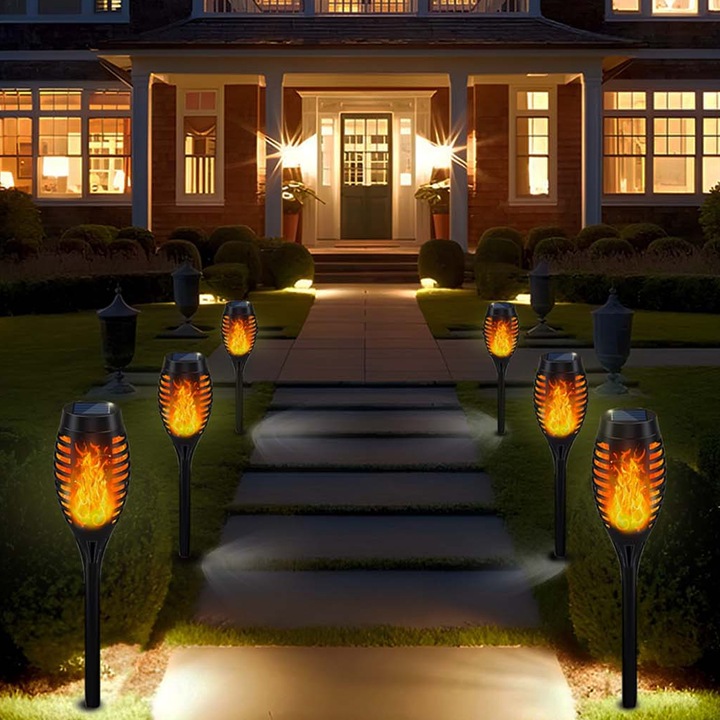 Set de 6 lampi solare pentru exterior, cu flacara Intermitenta, IP65, timp de iluminare de pana la 8-12 ore, usor de instalat, pornit/oprit automat, decoratiuni exterioare de peisaj, curte, alee