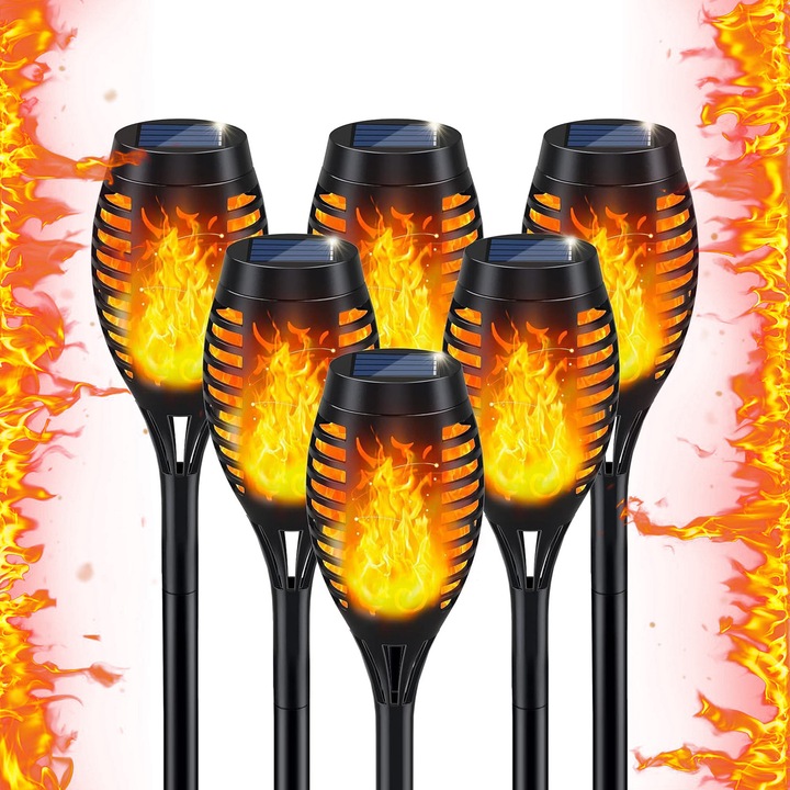 Комплект от 6 соларни външни лампи, JFYU®, с мигащ пламък, IP65, време на светене до 8-12 часа, лесни за инсталиране, автоматично включване/изключване, декорации за външен пейзаж, за градина, тераса, двор, алея, черни
