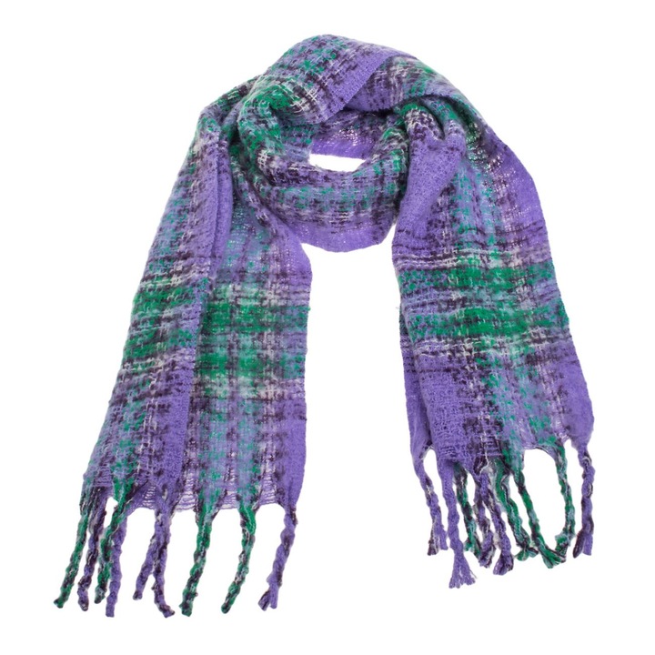 Fular lila verde in carouri cu franjuri lungi 185x30cm