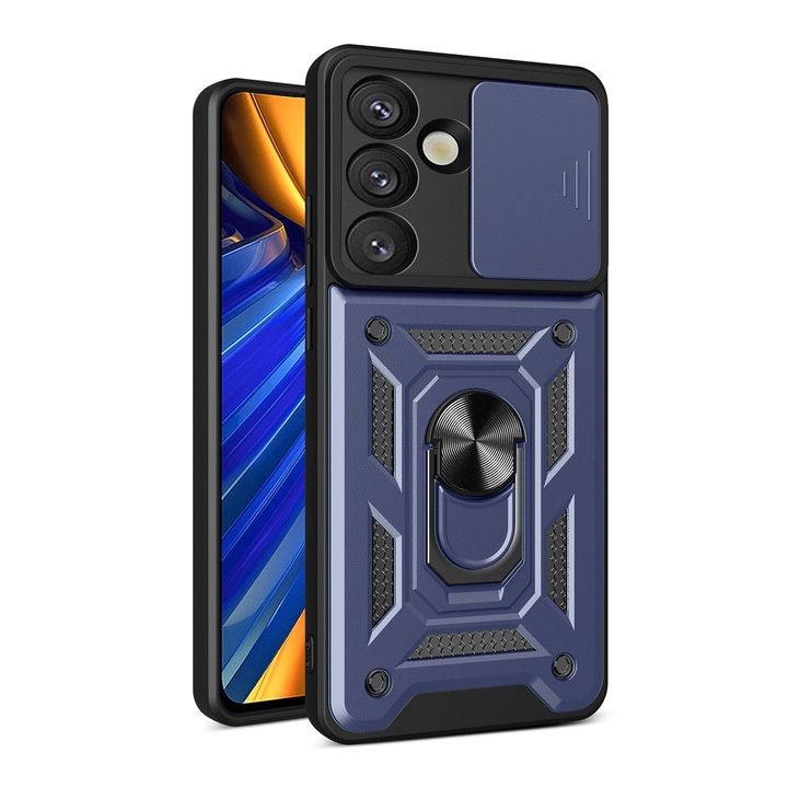 Хибриден Armor Camshield калъф със стойка и капак за камера, съвместим с Samsung Galaxy S25 Edge, син