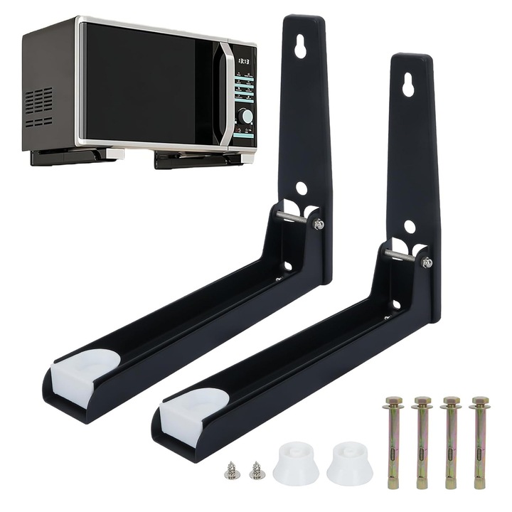 Suport pentru cuptor cu microunde, Topdii®, Pliabil, Rezistent la rugina, Protectie impotriva coroziunii, Capacitate maxima de incarcare 40 kg, Cu 4 suruburi, Pentru prindere de perete, Otel inoxidabil, Negru
