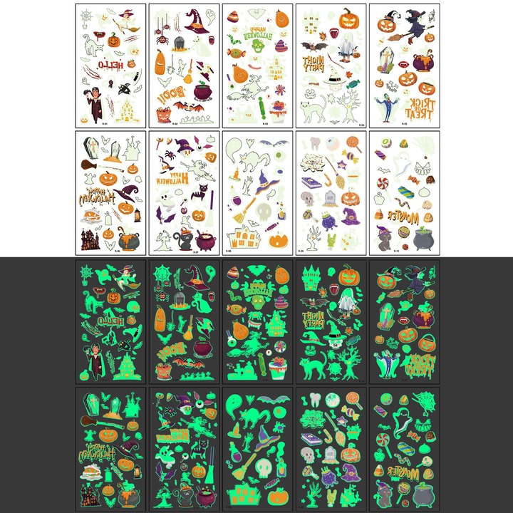 Set 200 Halloween Tatuaje Fosforescente Color Temporare, Fantome, pentru copii de 3+ ani, Material sigur, Rezistente la apa, Bluvista®, Multicolor