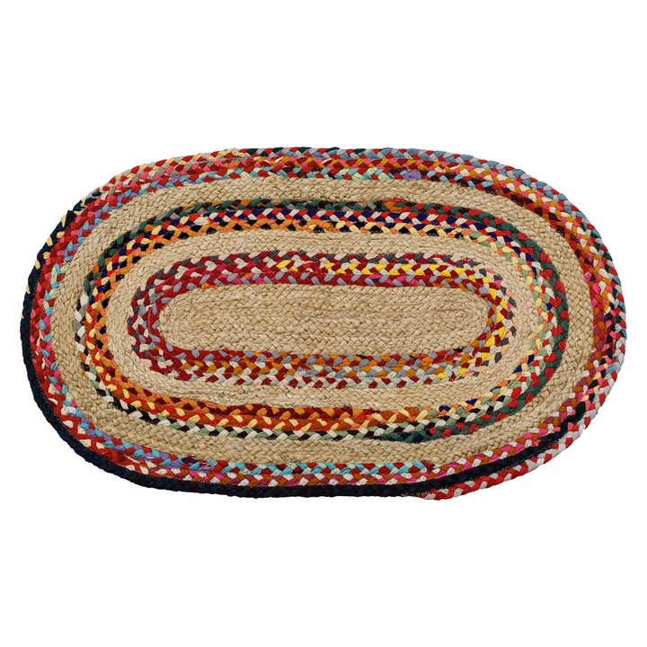 Bézs színű, ovális juta szőnyeg színes részletekkel 90x50cm