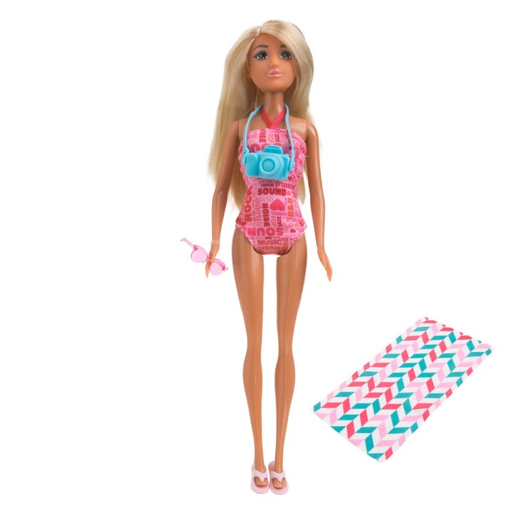 Papusa manechin Betty set cu costum de baie roz, ochelari, aparat foto si prosop, 30cm
