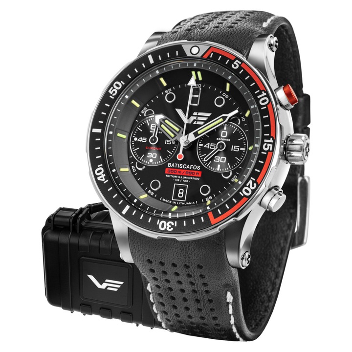 Ceas barbatesc Vostok Europe 6S21-511A771 Batiscafos Chrono, 49mm, argintiu, curea din piele neagra, 300m waterproof