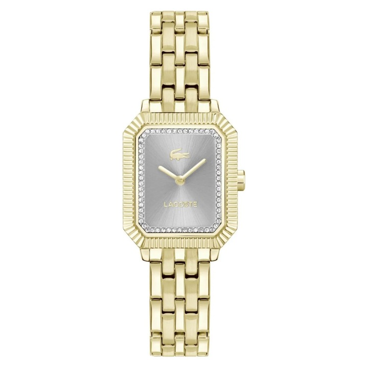 Ceas dama Lacoste 2001441, bratara galbena, carcasa rectangulara 21x7mm, cadran argintiu, rezistent la apa 30m