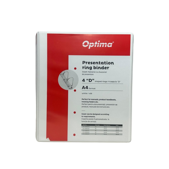 Механичен бележник с джоб, PP ламиниран, 4 "D" пръстена, 40 мм, гръбнак 65 мм, Optima - бял
