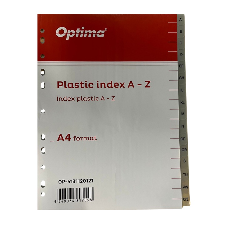 Index Plastic Gri, A4, 120 Microni, Alfabetic A-z, Optima