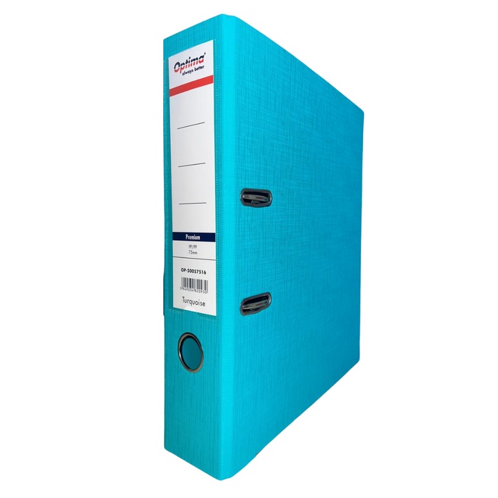 Папка А4, ламинирана Pp/pp, метален кант, 75 мм, Optima Premium - тюркоазена