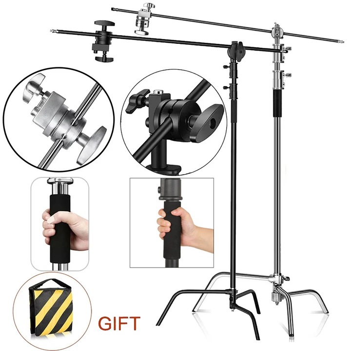 Set 2 suporturi de lumina, rezistent, inaltime reglabila, 2.6 m, argintiu/negru