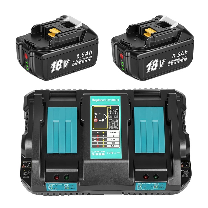 Csere akkumulátorok, 5,5 Ah, kettős töltés, 2 darabos készlet, 18 V