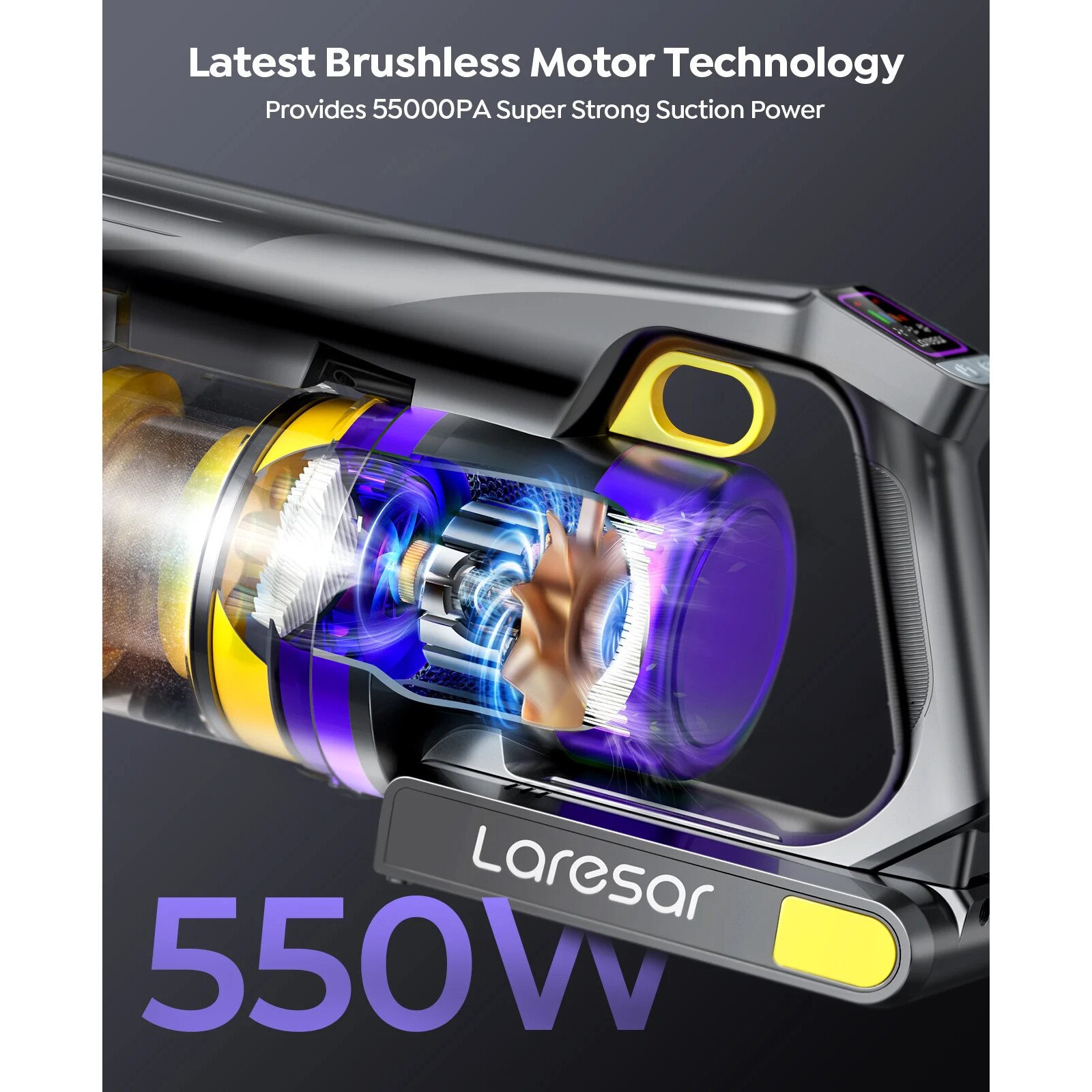 Aspirator fara sac, Laresar, 550 W, 55000Pa, 60 minute autonomie, set complet de accesorii