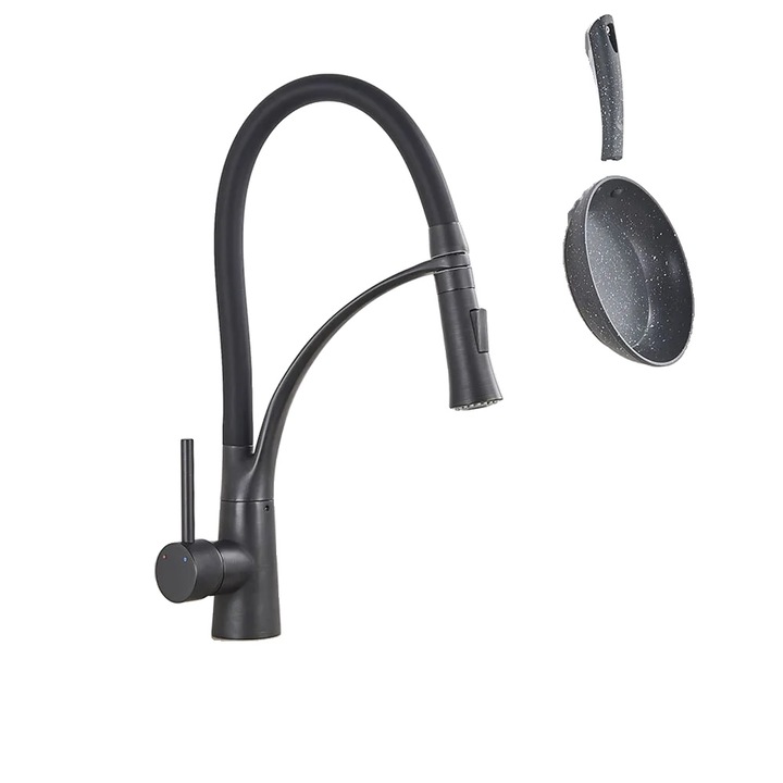 Mosogató csaptelep, klasszikus dizájn, flexibilis kifolyóval, matt fekete, pultra szerelhető