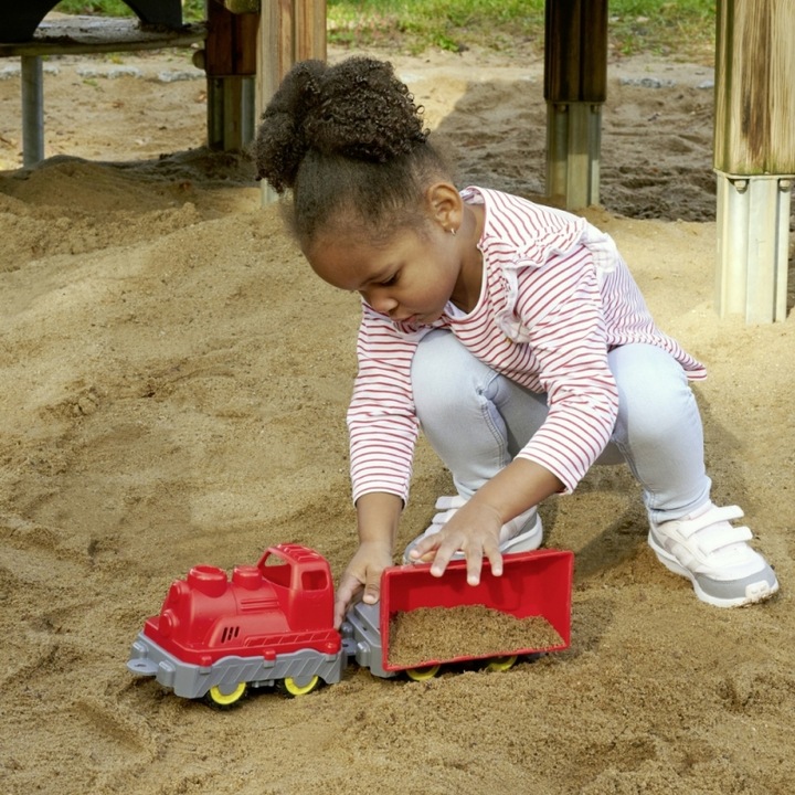 Играчка влакче, ГОЛЯМО, комплект от 2 части, локомотив с вагон за преобръщане, многоцветно, за деца над 2 години
